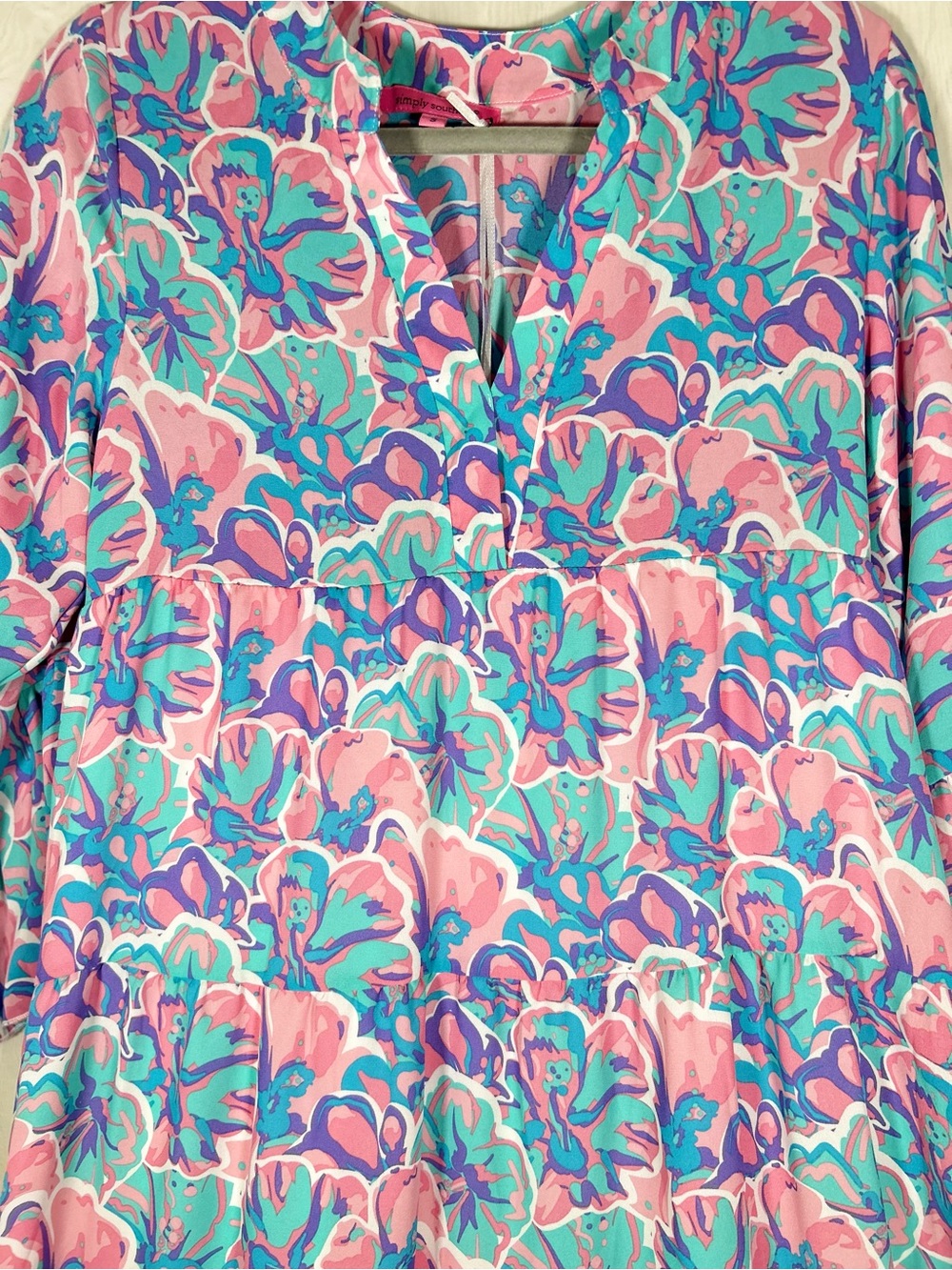 Simply Southern Pink Blue Tropical Tiered Maxi Dress NWT Small - Picture 3 of 6